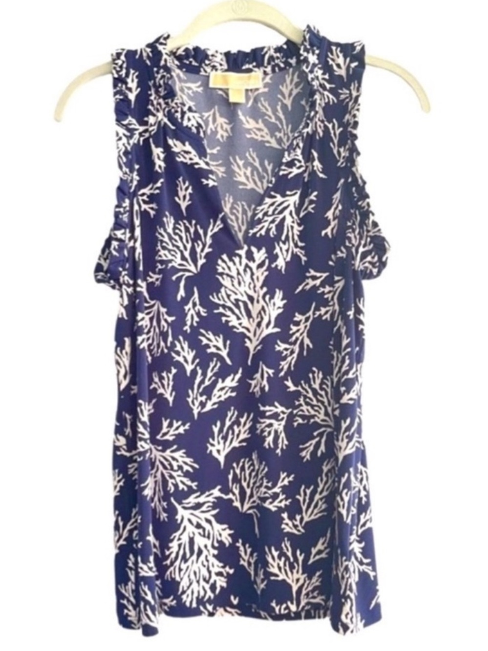Michael Kors Sleeveless Blouse Split Neck Coral Print Blue White Size M